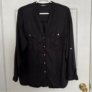 ZARA Women's Long Sleeve Button Down Shirt Large Plain Black